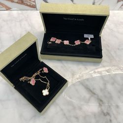 Van Cleef Pink Real 18k Gold Bracelets Necklace And Earrings Set 