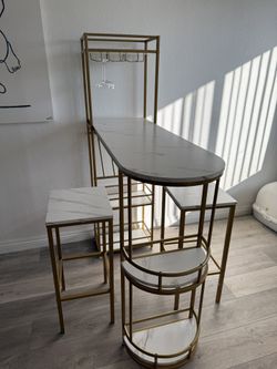 White Faux Marble Gold Bar Table Set w/ Storage + 2 Stools – Like New