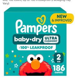 Pampers Baby Dry Ultra Cushiony Diapers, Size 2 (10-22 lbs), 186 Count, Up to 100% Leakproof 