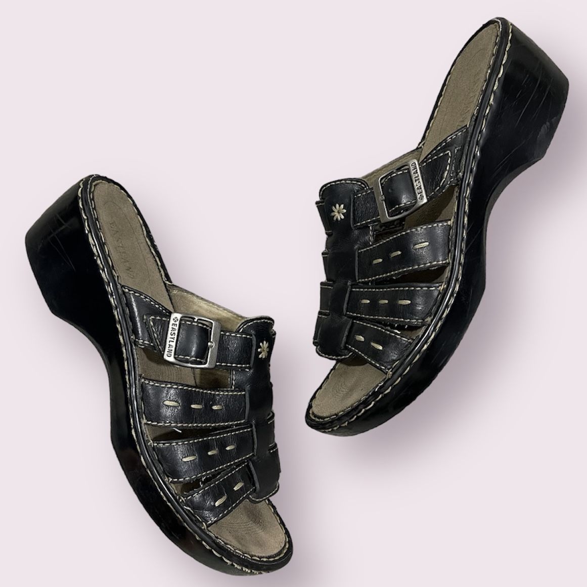 EASTLAND Vintage Y2K Black Leather Boho Floral Stitch Platform Fisherman Sandals