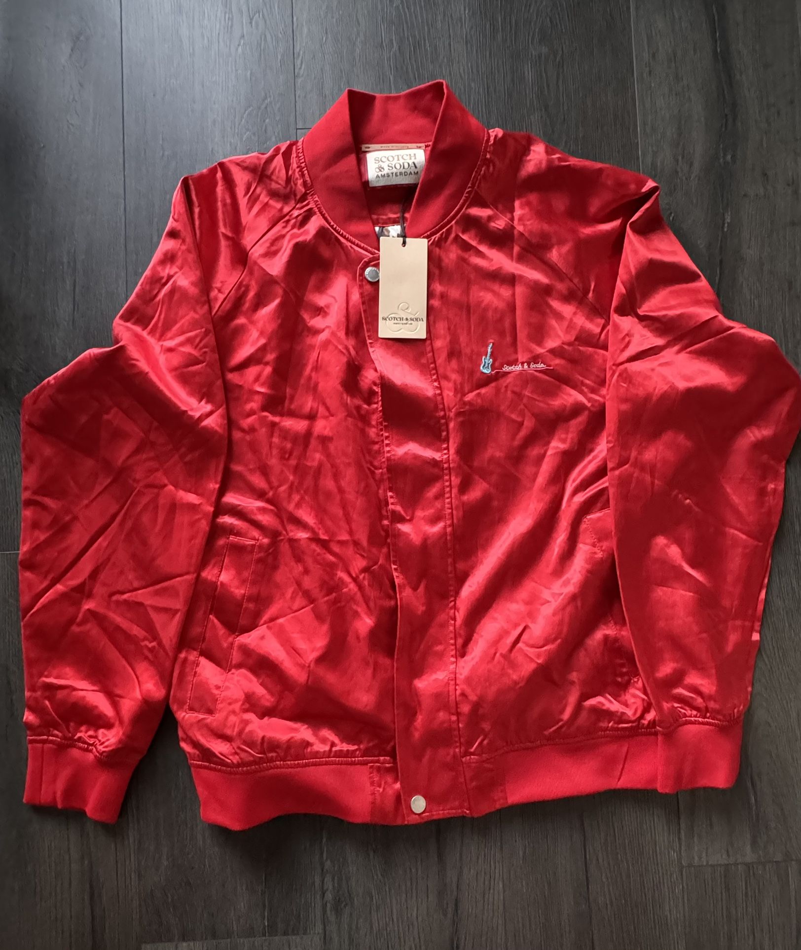 Scotch Soda Jacket Men’s Full Zip Souvenir Satin Free Spirit Guitar Red