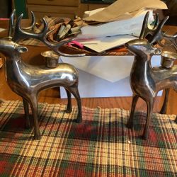 Brass Metal Christmas Reindeer Candle Holder Figurine Holiday 8”x6” Vintage  Very heavy both one price 