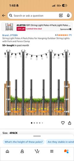 String Light Poles 4 Pack, Poles for Hanging Outdoor String Lights with Fork and Fence Clamp