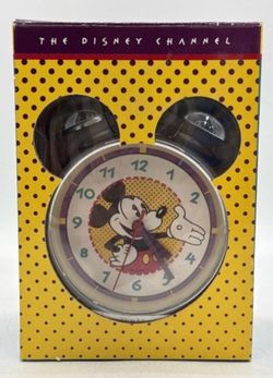 Vintage Mickey Mouse Double Bell Alarm Clock in Yellow Polka-Dot Box labeled "The Disney Channel"