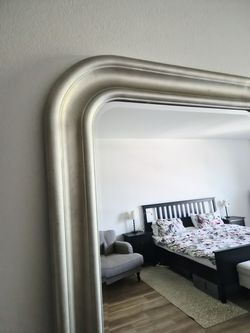 Large arched floor mirror, silver frame, about 6 ft, Los Feliz LA