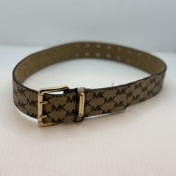 Michael Kors Women's Gold Buckle Belt, Brown/Luggage MK Logo Size S