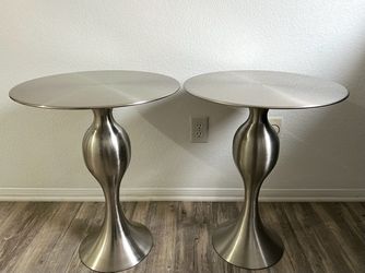 Pair of Round Brushed Steel Pedestal Side Tables