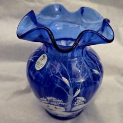 RARE Fenton Cobalt Blue Vase With Red Cardinals 
