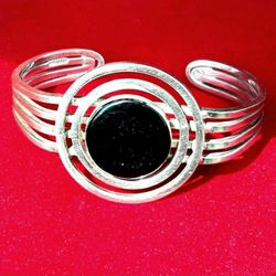 Heavy Real Sterling Silver Black Onyx Cuff Bracelet