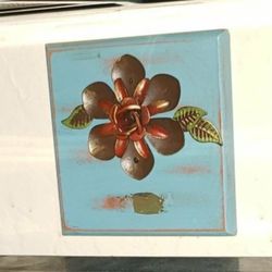 VINTAGE WOOD COPPER FLORAL FLOWER DAISY 3D WALL PLAQUE ACCENT DECOR PICTURE ART