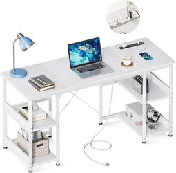 Computer Desk with Power Outlets & USB Charging Port, Home Table with Storage Shelves, Modern Simple Style Desk for Small Spaces Home Office, Study St