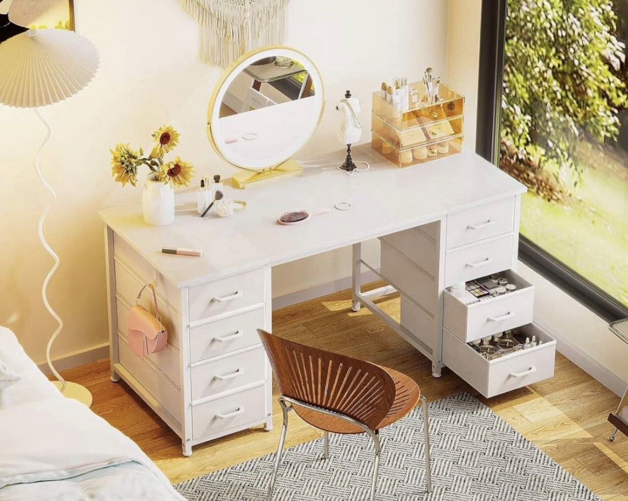 55 Inch Modern Makeup Vanity Desk with 8 Fabric Drawers – Large White Dressing Table & Workstation