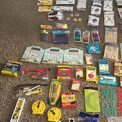 Kits. Art crafts, clocks, brushes, paint water colors, crayons, pens, protractor, ruler etc…