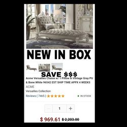 NEW IN BOX! SAVE HUNDREDS! Acme Versailles Chaise w/ 1 Pillow in Vintage Gray PU & Bone White 