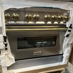 Brand New Zline 36” Dual Fuel Stove Range Stainless Steel + Gold