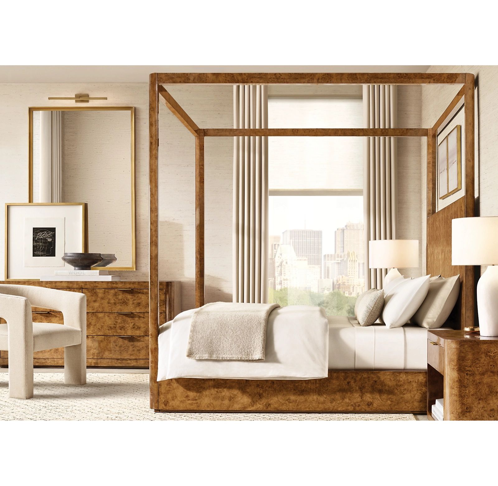 Restoration Hardware Bardot Burl Panel Platform Canopy Cal King Bed