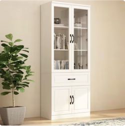 White Modern Kitchen Pantry With Glass Doors