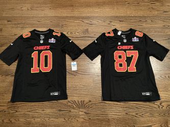 BNWT Chiefs Kelce and Pacheco Super Bowl LVIII Black Nike Game Jerseys FOR SALE!