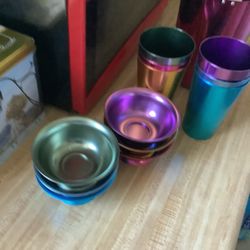 RAINBOW METAL PITCHER   AND cUPS  AND DESTERSBOWLS SETS ALl NEW.     For 50.00  