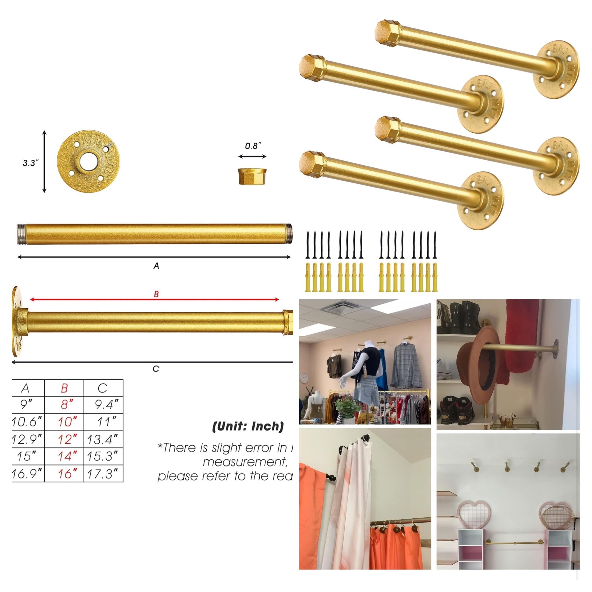 Gold Pipe Shelf Brackets 14 Inch, Industrial Metal Vintage Shelving Bracket, Wall Mounted DIY Iron Pipe Brackets for Floating Shelves, Set of 4