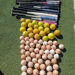 Baseball Balls,  54 Softball Balls 21 Bats 11 Carrier Bag, And 2 Buckets