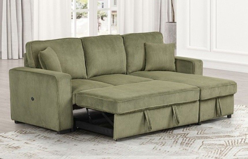 Brand New Green Corduroy Sectional Sofa Storage Sleeper