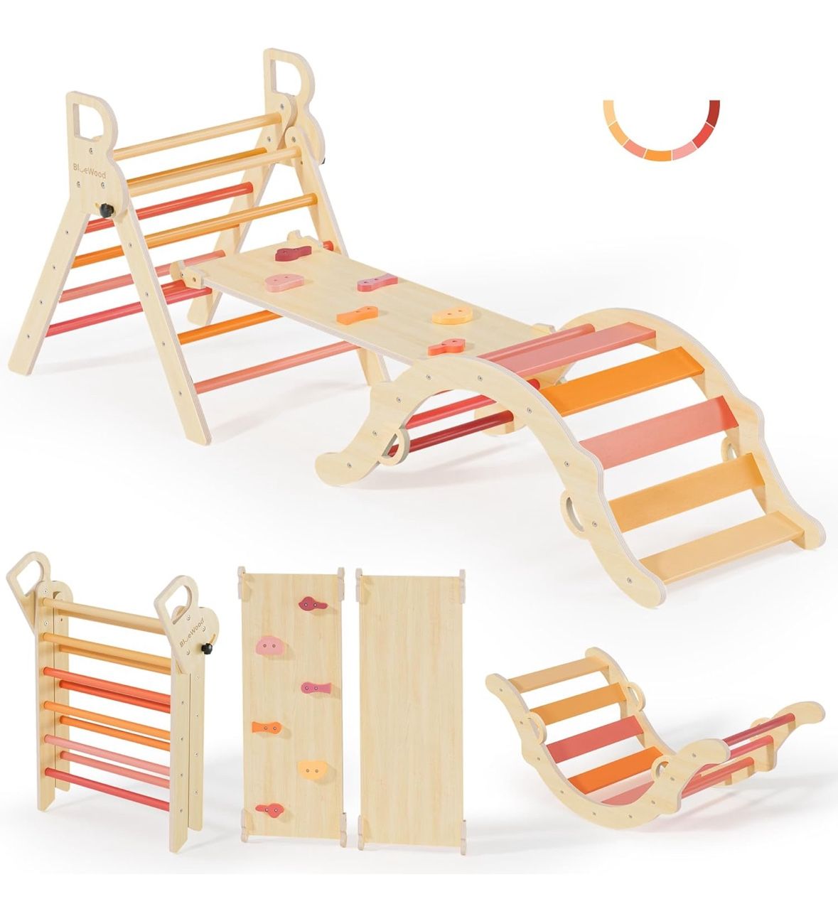 BlueWood Pikler Triangle Set, Toddler Wooden Climbing Toys Indoor 7in1 Foldable Climber for Kids, Mo