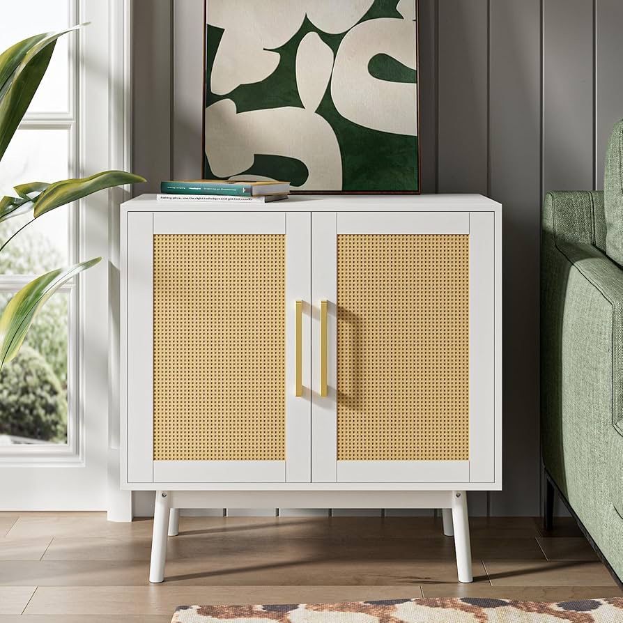 FH0010WH Sideboard Buffet Cabinet with Storage, Kitchen Buffet Cabinet with Rattan Doors and Adjustable Shelf, Small Storage Cabinet with Solid Wood F