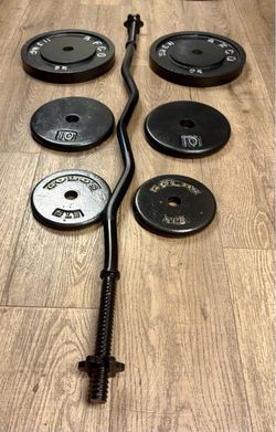 BRAND NEW: Standard Black Curl Bar with Cast Iron Weight Plates of 25s, 10s and 5 lbs. Total= 94 lbs