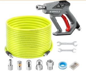 M MINGLE Sewer Jetter Kit For Pressure Washer 100 FT, Drain Cleaner Hose With Power Washer Gun, 1/4 Inch NPT Corner Rotating And Button Nose Sewer Jet