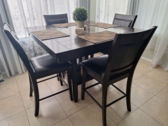 Square Wood Dining Table with Marble Inlay + Chairs – Excellent Condition