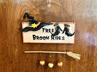 Vintage Handmade Halloween “Free Broom Rides” Witch Wooden & Metal Hanging Sign