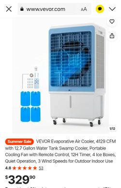 VEVOR Evaporative Air Cooler, 4129 CFM with 12.7 Gallon Water Tank Swamp Cooler, Portable Cooling Fan with Remote Control, 12H Timer, 4 Ice Boxes, Qui