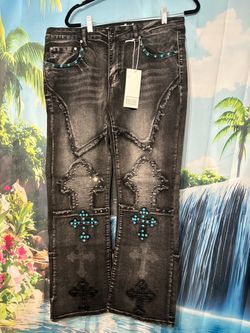 Washed Black Denim Jeans with Cross Embellishments