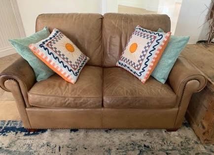 Leather Loveseat Couch Tan Brown Rustic Leather.