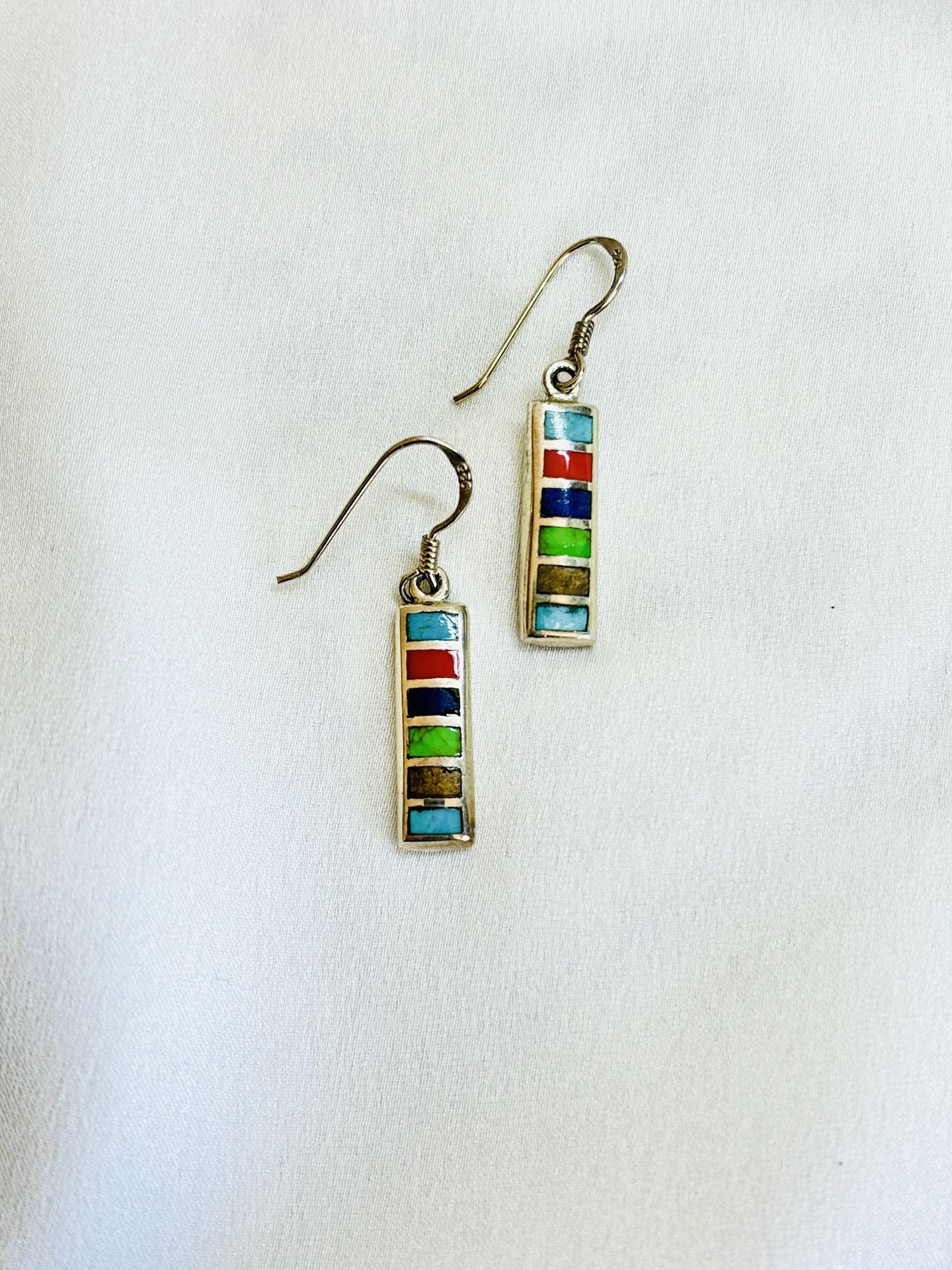 Sterling Silver Multicolor Inlay Rectangle Earrings β Southwest Style
