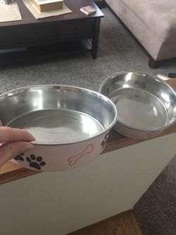 Pink cute dog food and water bowls