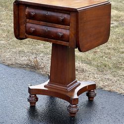 Antique Mahogany Two Drawer American Empire Drop Leaf Work Table
