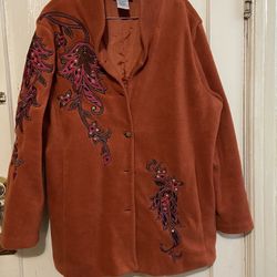 BOB MACKIE WEARABLE ART Burnt Orange Fleece Embroidered Jacket Coat Size XL