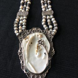 Big Natural Pearl Shell Necklace With 925 Sterling Sliver Pendant 