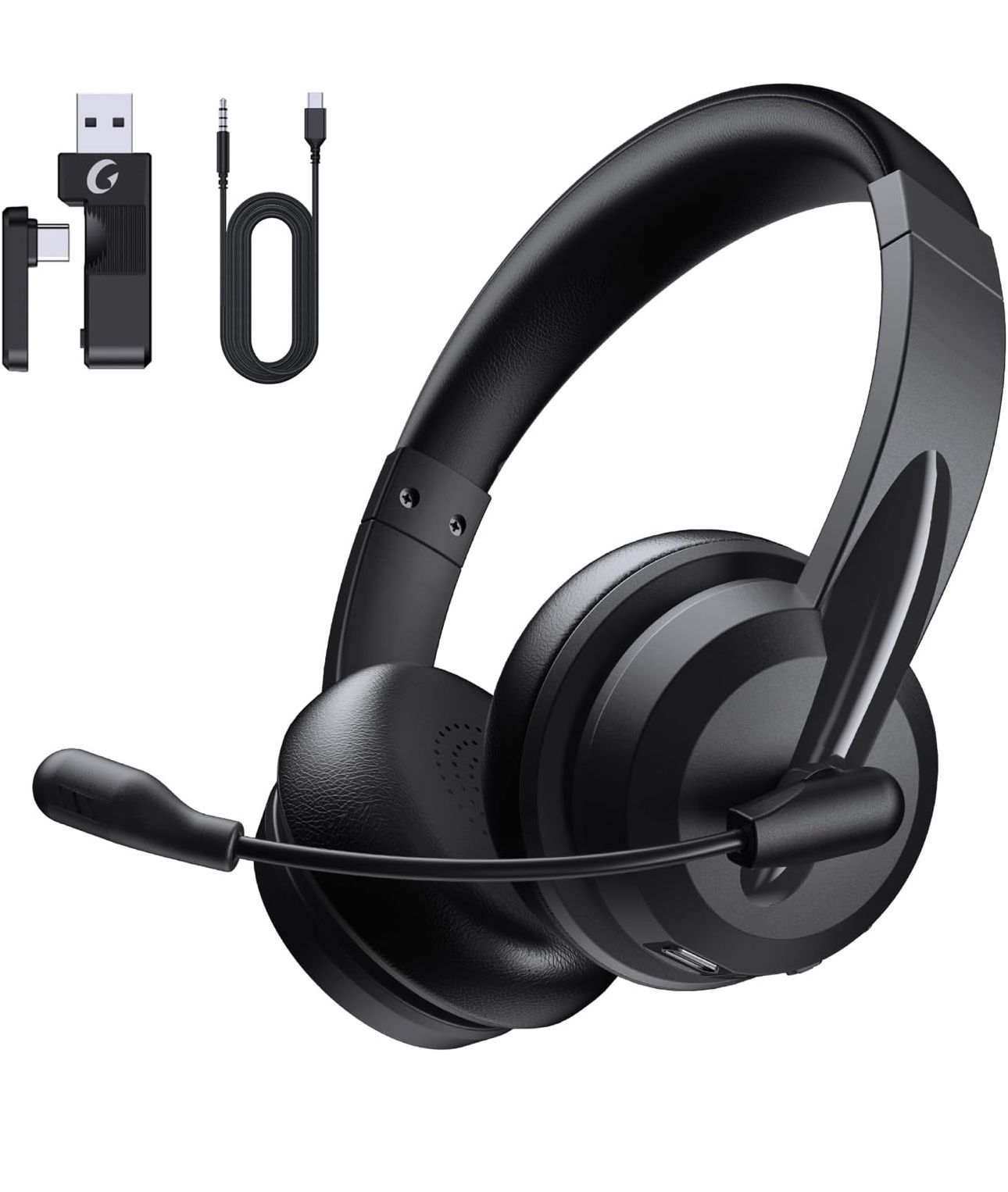 Wireless Headset with Mic for Work with AI Noise Cancelling Mic for Clear Calls, Bluetooth V5.3 Headphones with Microphone to USB A/C Dongle & Mic Mut