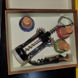3 Italian Ceramic Wine Cork Stoppers W Hand Painted Décor+2 Bottle Openers Gift Box 