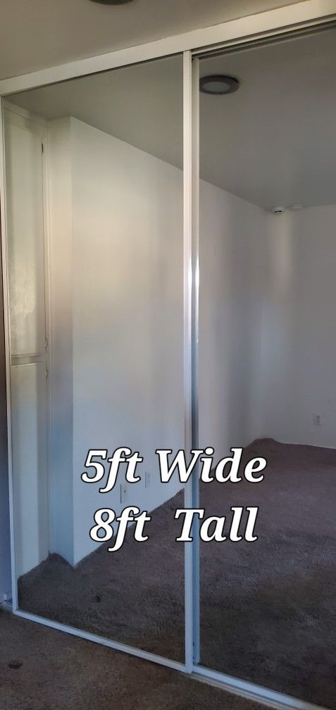 Mirror Sliding Closet Doors Top & Bottom Tracks White Metal Frame 92" Tall