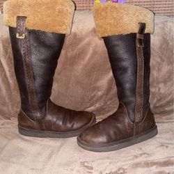 Women's UGG Locarno Leather Sheepskin High Winter Snow Boots Brown Size 8 #5191