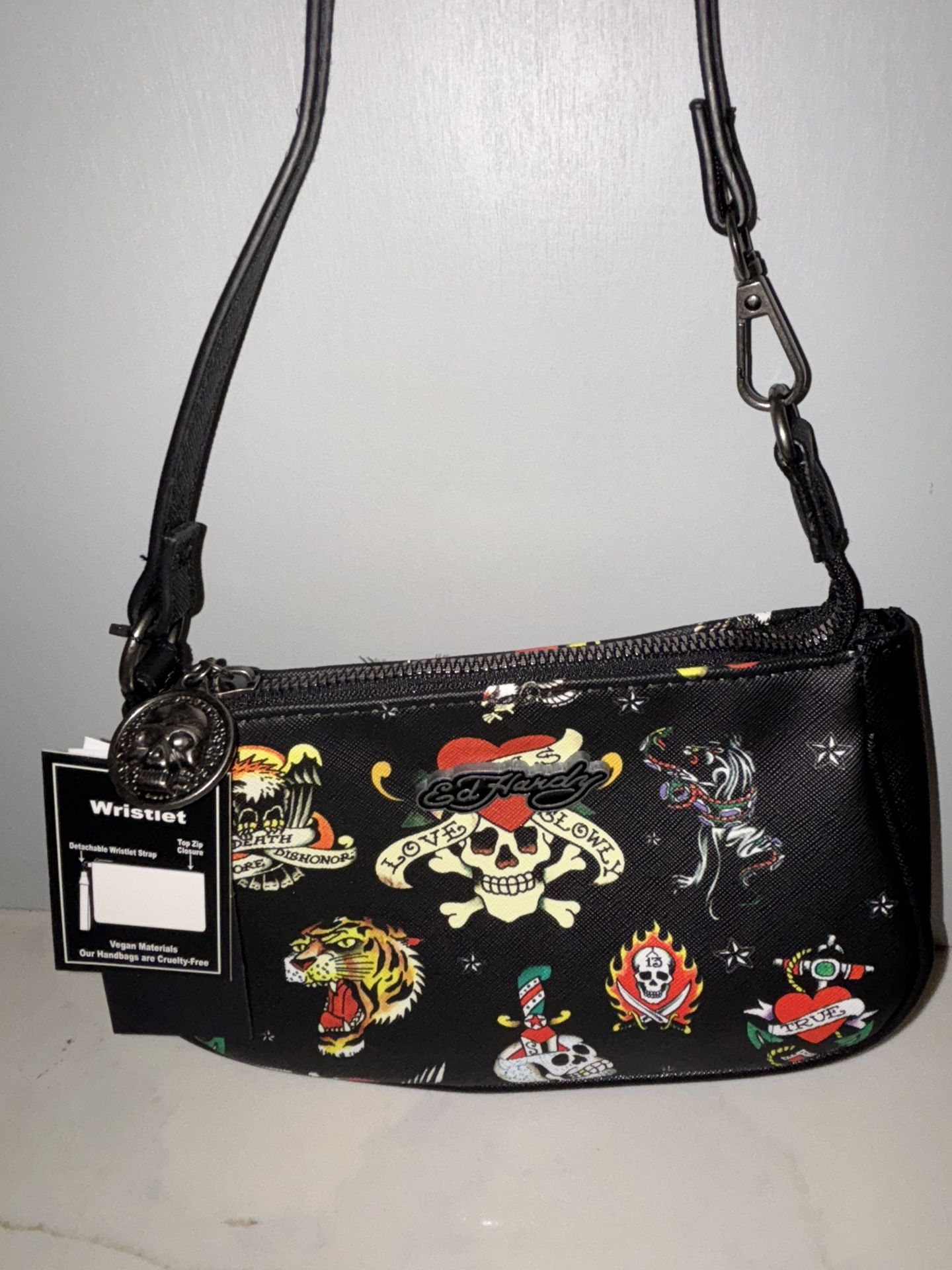 NWT Ed Hardy black shoulder bag wristlet with assorted tattoo graphics
