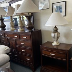 American Drew Furniture Estate Bedroom Set Triple Dresser with Mirror & Drawer Nightstand