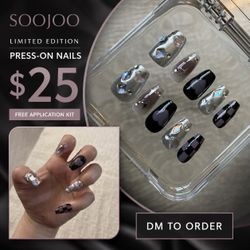 Premium black silver press on nail