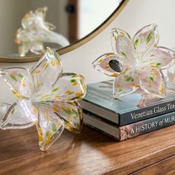 Rare Pair: Vintage Nuova Cristalleria Arzanese Murano Glass Lilies Flowers
