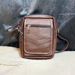 Genuine Brown Leather Compact Crossbody Bag Small Zip Shoulder Pouch