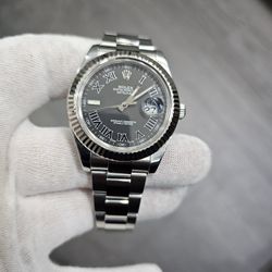 Rolex Mens Datejust II 116334 Steel 41mm Oyster-Slate Gray Roman Dial-18k Fluted